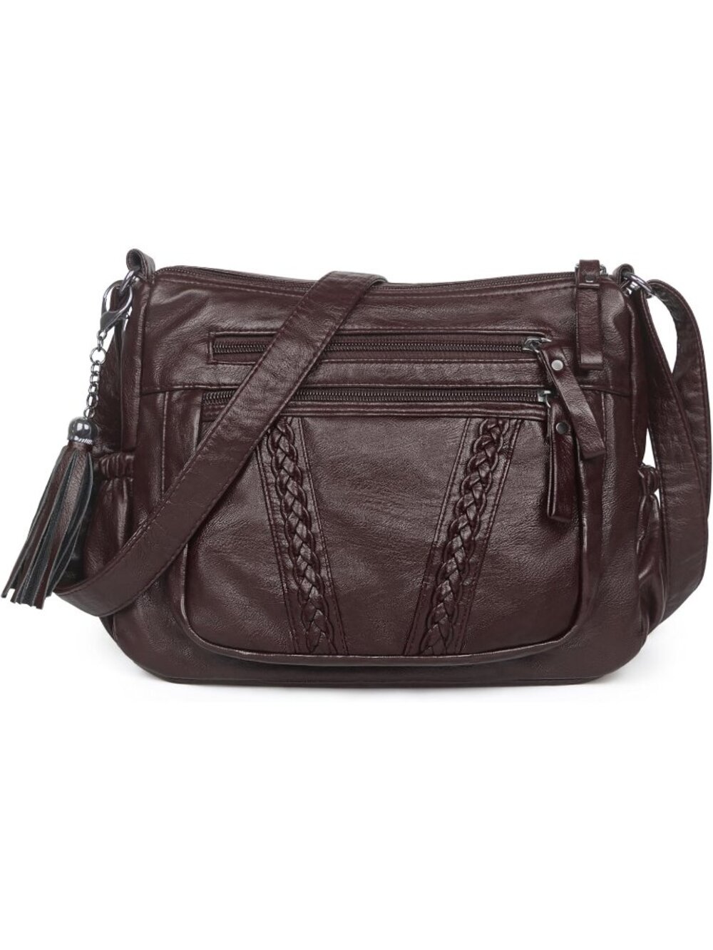 Women's Coffee Soft PU Leather Crossbody Bag With Tassel Handbag Pocketbooks